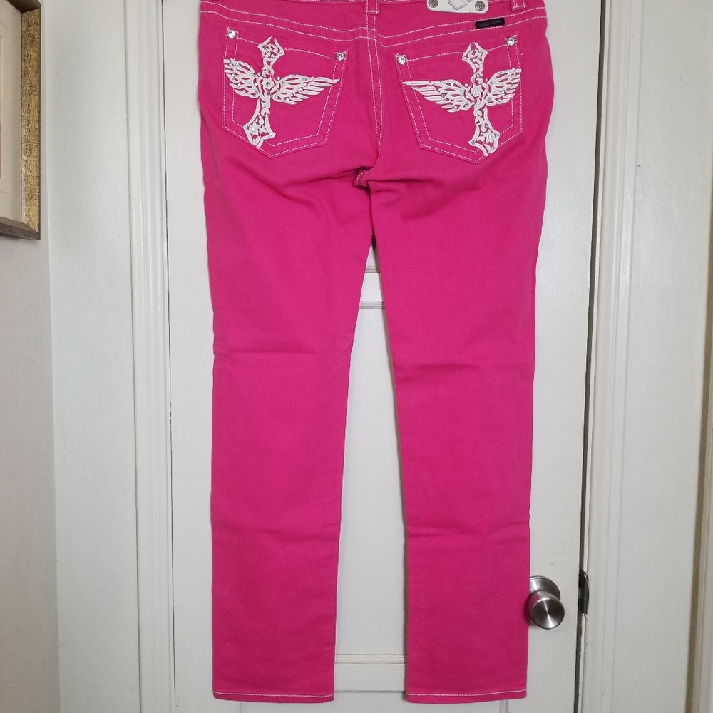 MISS ME SKINNY pink 33 Stretch Rhinestone Embellished Pockets Jeans - Picture 4 of 8